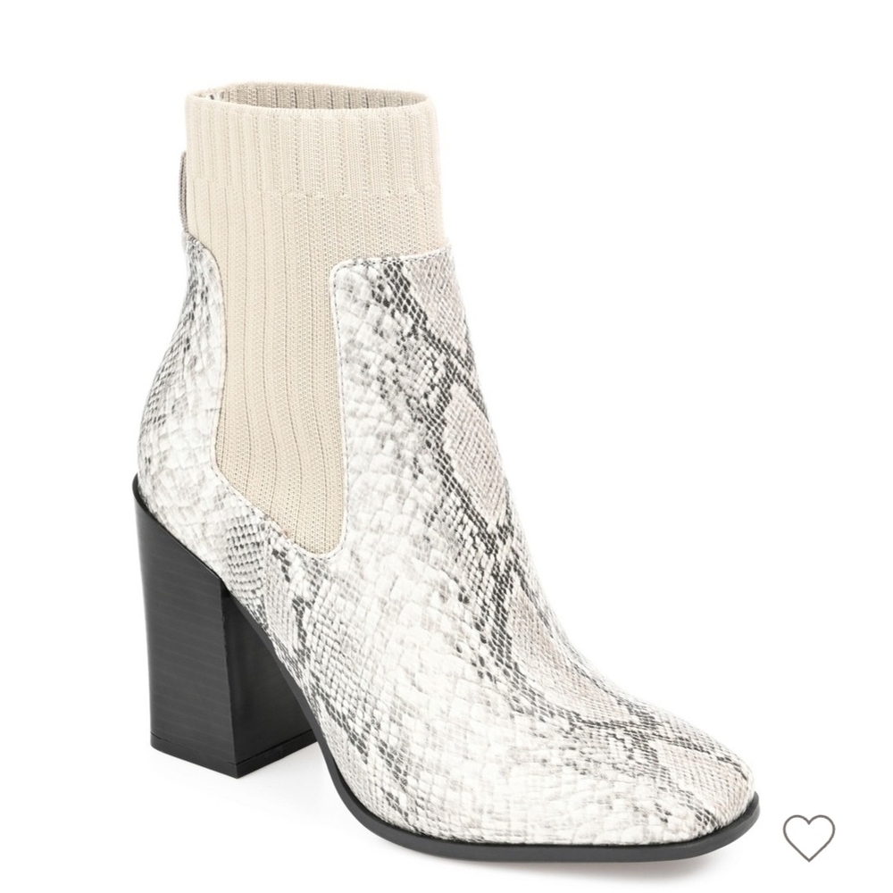 Journee Collection Snakeskin Heeled Boots in Cream and Black